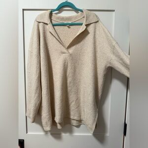 Open Edit - Oversized Soft Cream VNeck Elegant Collard Women's Sweater - Size XL